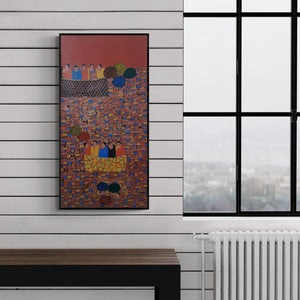 Preview of 'Cityscape 17 (Urban Rhythm)' Painting by Rama Krishna V shown on a wall in a furnished room.