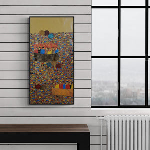 Preview of 'Cityscape 18 (Celebration of Unity)' Painting by Rama Krishna V shown on a wall in a furnished room.