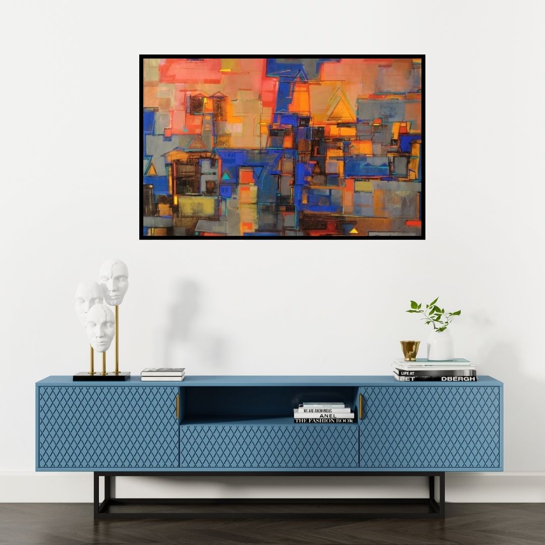 In-situ view of Praveen Kumar's 'Cityscape (Urban Mosaic)' painting in a room