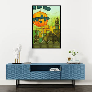 Preview of 'Cityscape 2' Painting by Salman Farooqi shown on a wall in a furnished room.