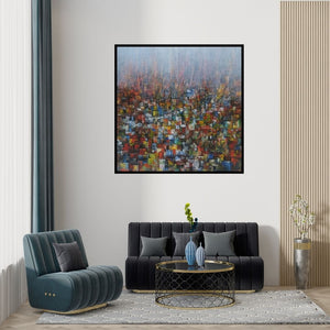Preview of 'Cityscape 2' Painting by M Singh shown on a wall in a furnished room.