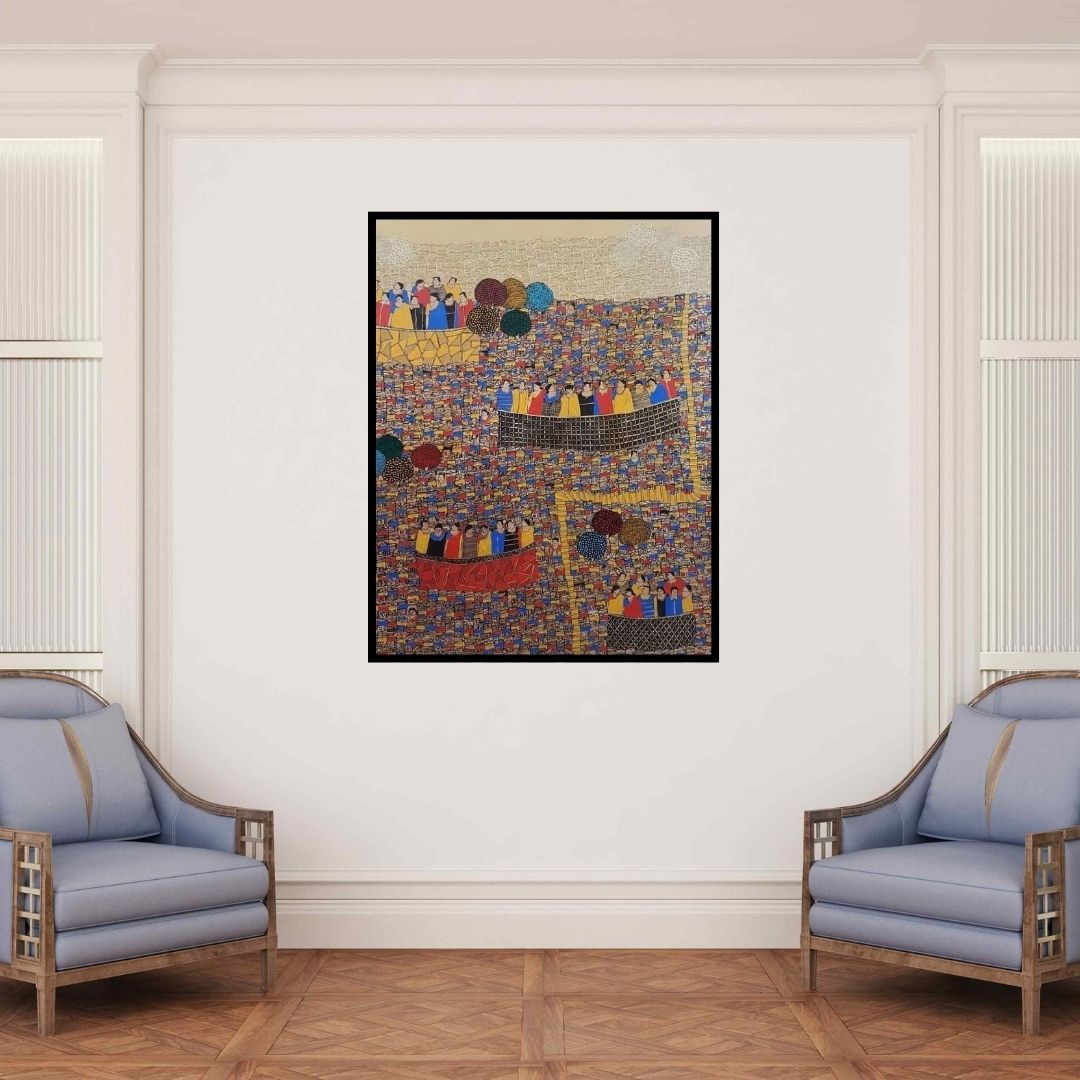 In-situ view of Rama Krishna V's 'Cityscape 21 (A Sea of Humanity)' painting in a room