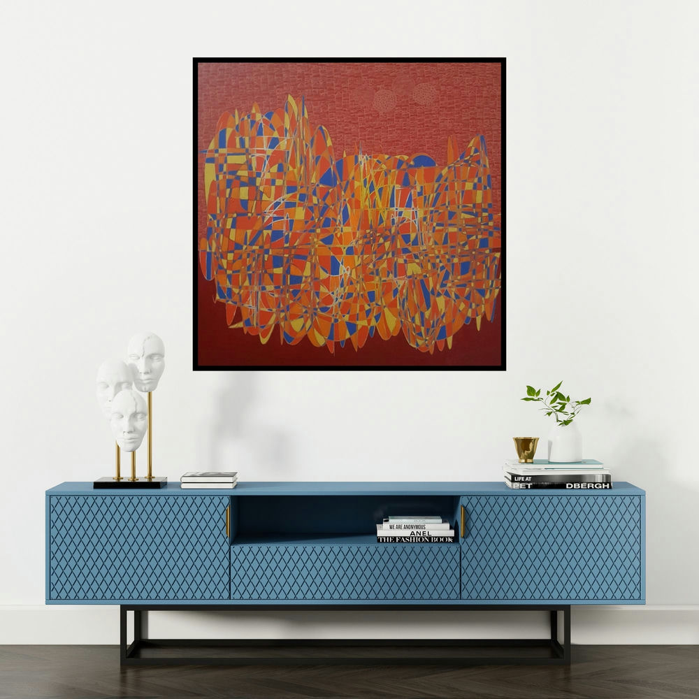 'Cityscape 23 (Cityscape 21)' painting by Rama Krishna V shown on a wall in a furnished room.
