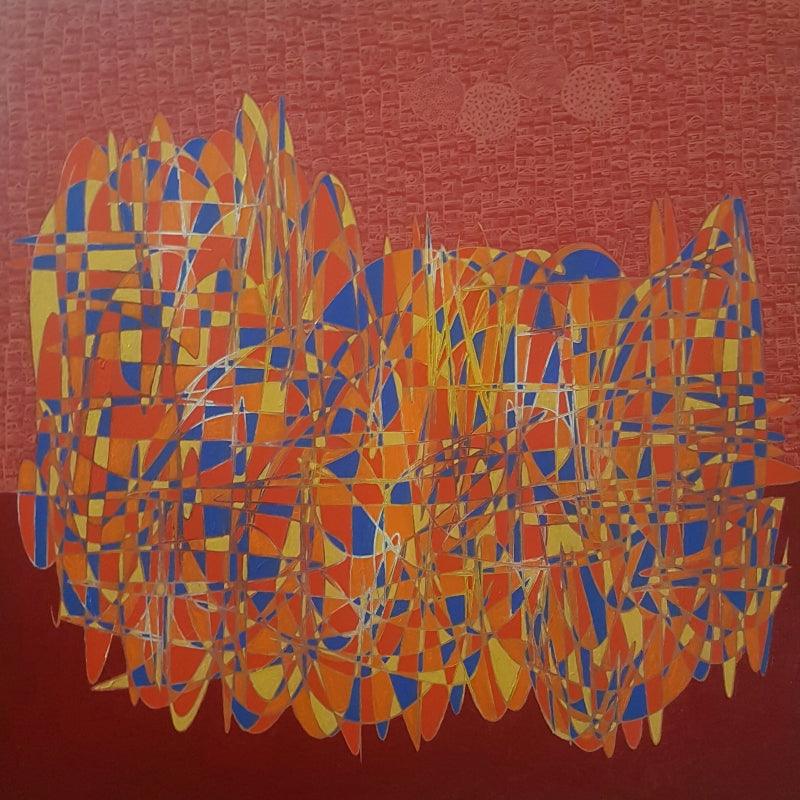 Cityscape acrylic painting titled 'Cityscape 23', 36x36 inches, by artist Rama Krishna V on Canvas