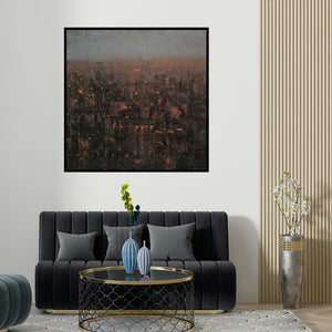 Harshit Bondre's 'Cityscape (Twilight City)' painting visualized above a sofa in a contemporary room.