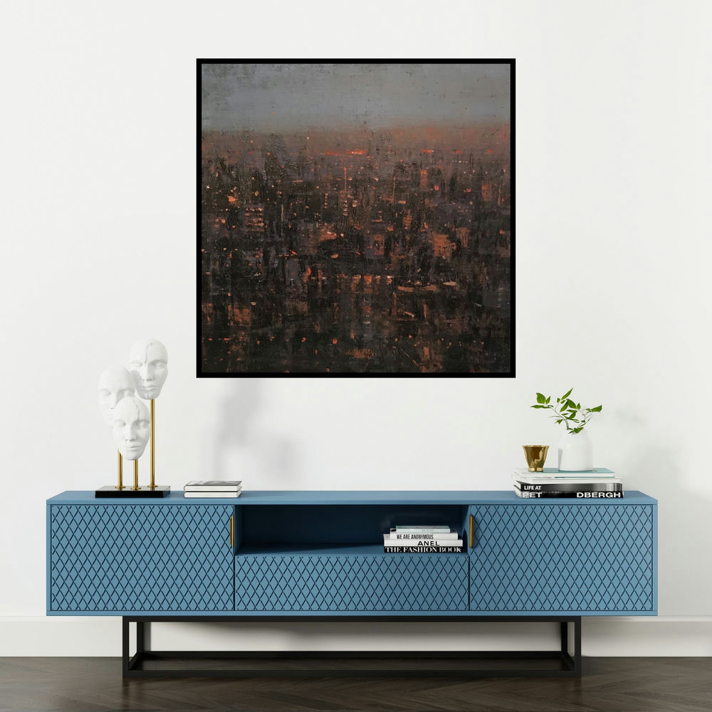 'Cityscape (Twilight City)' painting by Harshit Bondre shown on a wall in a furnished room.