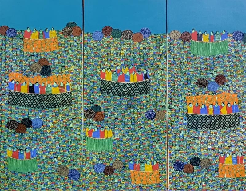 Cityscape acrylic painting titled 'Cityscape 3 (Triptych)', 42x54 inches, by artist Rama Krishna V on Canvas