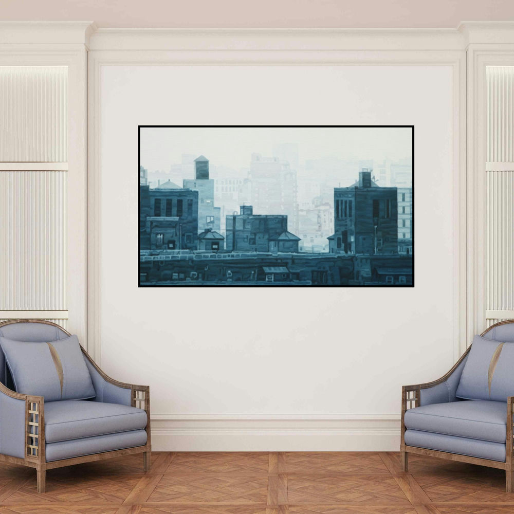 'Cityscape 4 (Foggy Cityscape II)' painting by Ganesh Pokharkar shown on a wall in a furnished room.