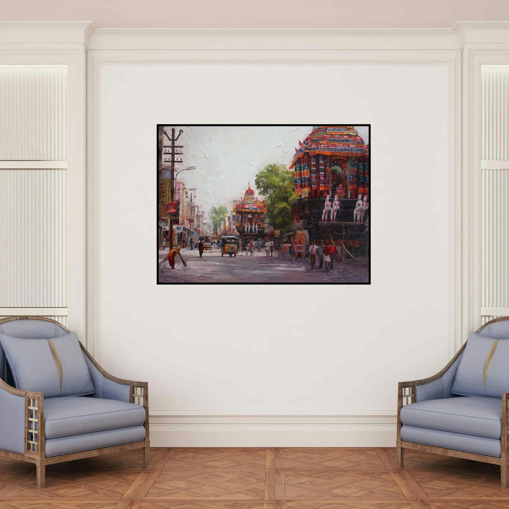 'Cityscape 4 (Floral Abstraction)' painting by Iruvan Karunakaran shown on a wall in a furnished room.