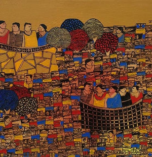 Cityscape 7 (Golden Cityscape) by Rama Krishna V, Original Acrylic Cityscape Painting on Canvas, Small Square Wall Art