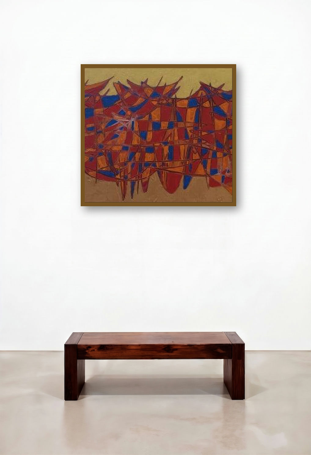 Cityscape 71 (Crimson Horizon) by artist Rama Krishna V displayed in a Scandinavian Hallway