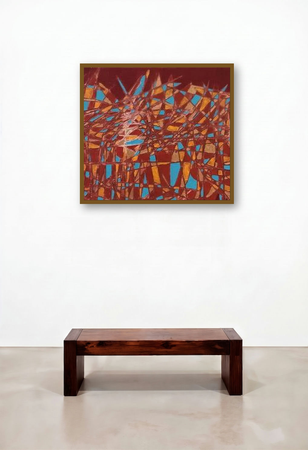 Cityscape 72 (Crimson Chaos) by artist Rama Krishna V displayed in a Transitional Living Room
