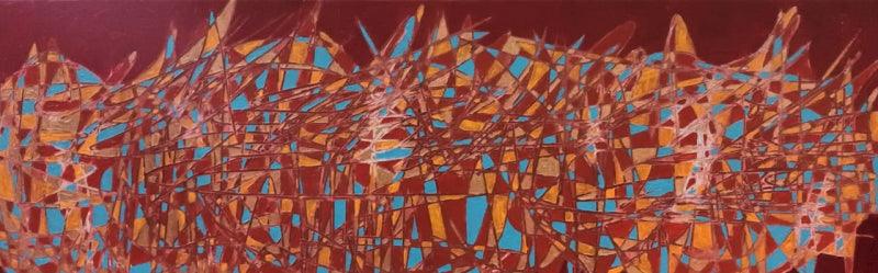 Cityscape acrylic painting titled 'Cityscape 72', 12x36 inches, by artist Rama Krishna V on Canvas