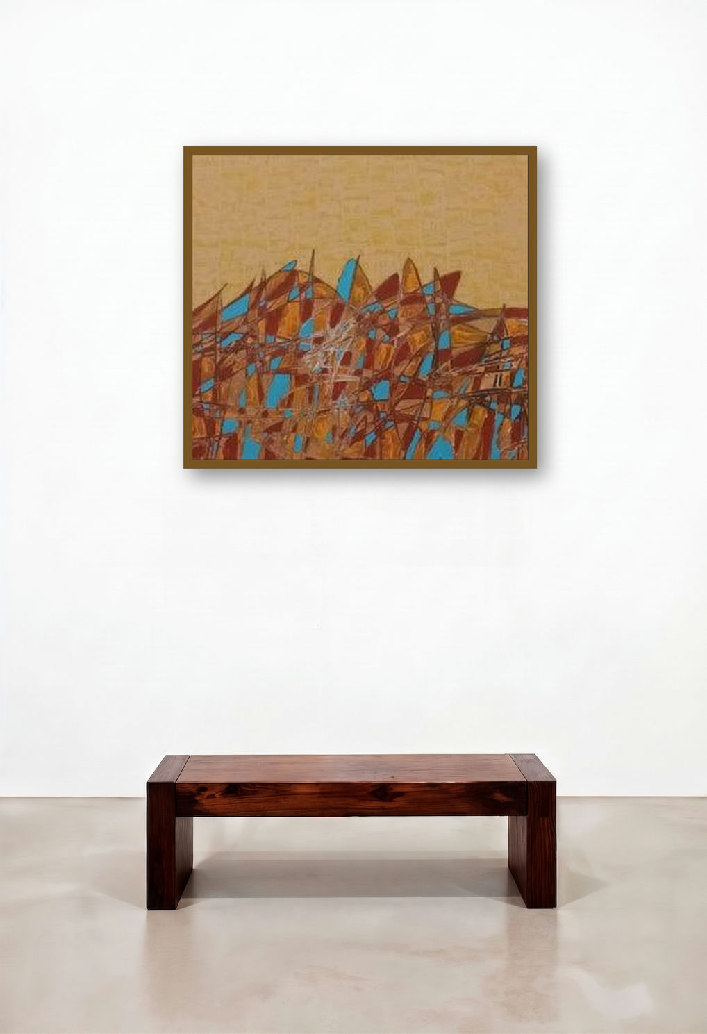 Cityscape 73 (Golden Horizon) by artist Rama Krishna V displayed in a Urban Loft Bedroom