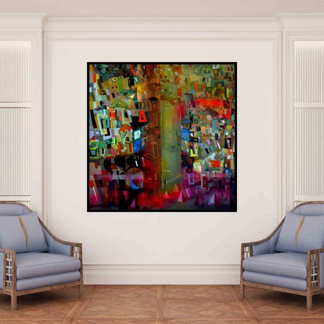 In-situ view of Madan Lal's 'Cityscape 8 (Untitled)' painting in a room