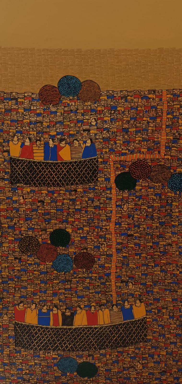 Cityscape acrylic painting titled 'Cityscape 81', 48x24 inches, by artist Rama Krishna V on Canvas