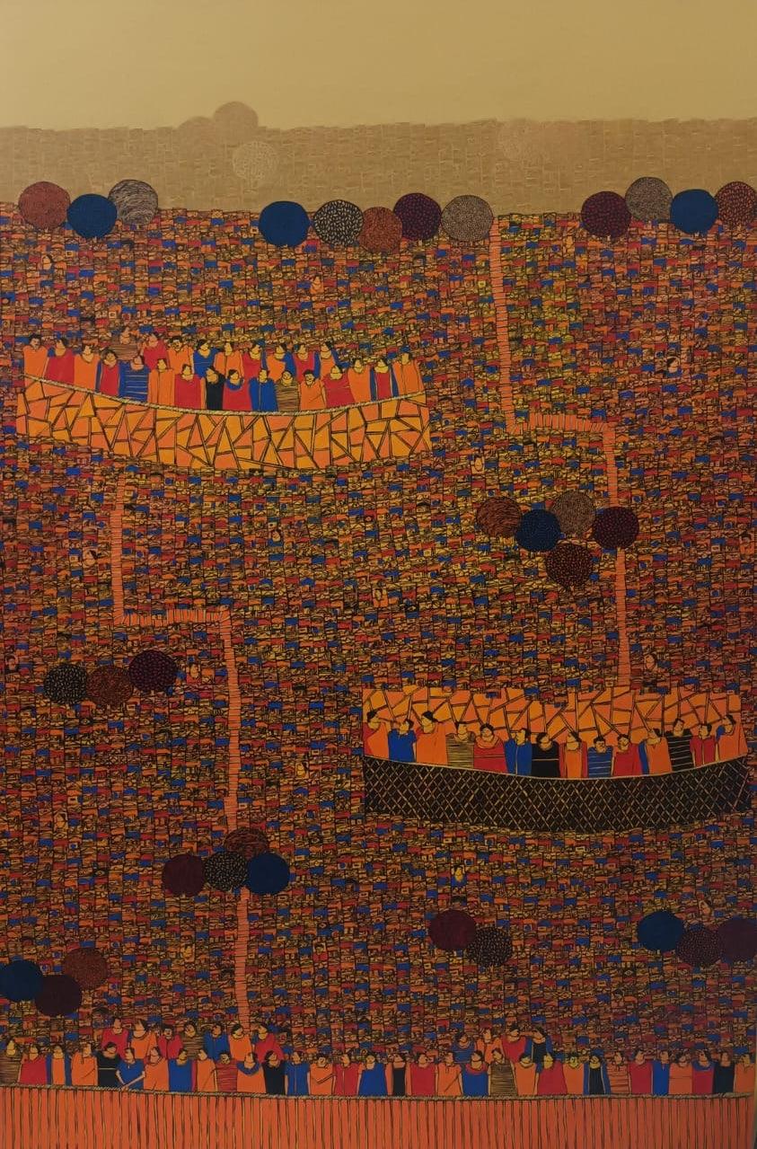 Cityscape acrylic painting titled 'Cityscape 83', 72x48 inches, by artist Rama Krishna V on Canvas