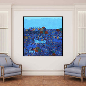 In-situ view of Rama Krishna V's 'Cityscape 9 (Blue Cityscape with Figures)' painting in a room