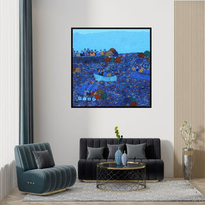 Preview of 'Cityscape 9 (Blue Cityscape with Figures)' Painting by Rama Krishna V shown on a wall in a furnished room.