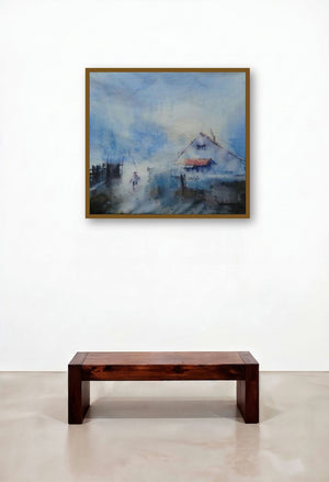 Cityscape I (Dawns Embrace: A Misty Morning Scene) by artist Narayan Shelke displayed in a Industrial Home Office