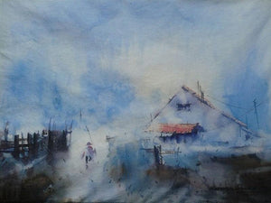 Cityscape I (Dawns Embrace: A Misty Morning Scene) by Narayan Shelke, Original Watercolor Cityscape Painting on Paper, Small Horizontal Wall Art