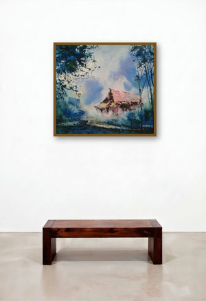 Cityscape Iii (Woodland Sanctuary: A Cottages Embrace) by artist Narayan Shelke displayed in a Industrial Lounge