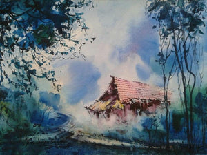 Cityscape Iii (Woodland Sanctuary: A Cottages Embrace) by Narayan Shelke, Original Watercolor Cityscape Painting on Paper, Small Horizontal Wall Art