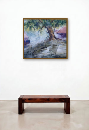 Cityscape Ix (Under the Banyans Shade: A Village Tapestry) by artist Narayan Shelke displayed in a Japandi Foyer