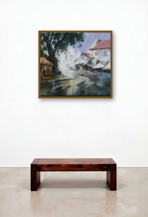 Cityscape Vi (Whispers of the Village: A Path Through Time) by artist Narayan Shelke displayed in a Art Deco Hallway