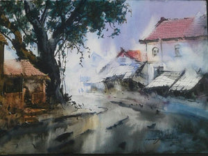 Cityscape Vi (Whispers of the Village: A Path Through Time) by Narayan Shelke, Original Watercolor Cityscape Painting on Paper, Small Horizontal Wall Art