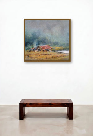 Cityscape Vii (Rustic Charm: A Cottage in the Fields) by artist Narayan Shelke displayed in a Luxury Study