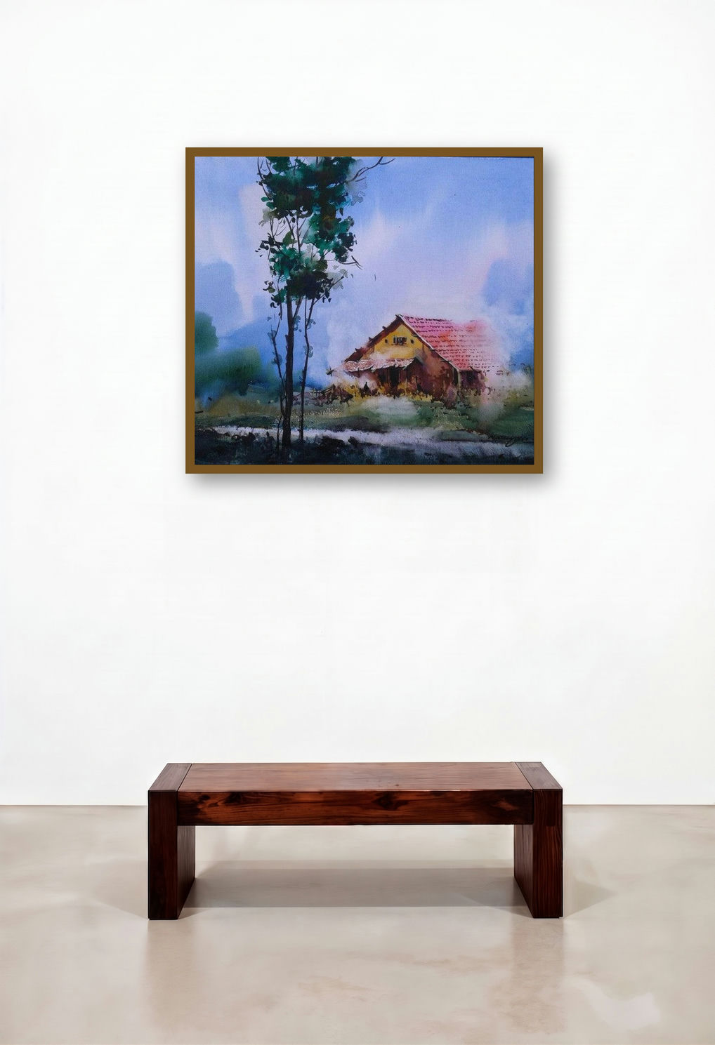 Cityscape Viii (Serene Abode: A House in Natures Embrace) by artist Narayan Shelke displayed in a Coastal Hallway