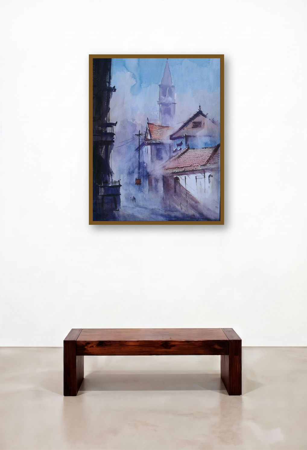 Cityscape X (Urban Veil: A City in Soft Focus) by artist Narayan Shelke displayed in a Art Deco Penthouse