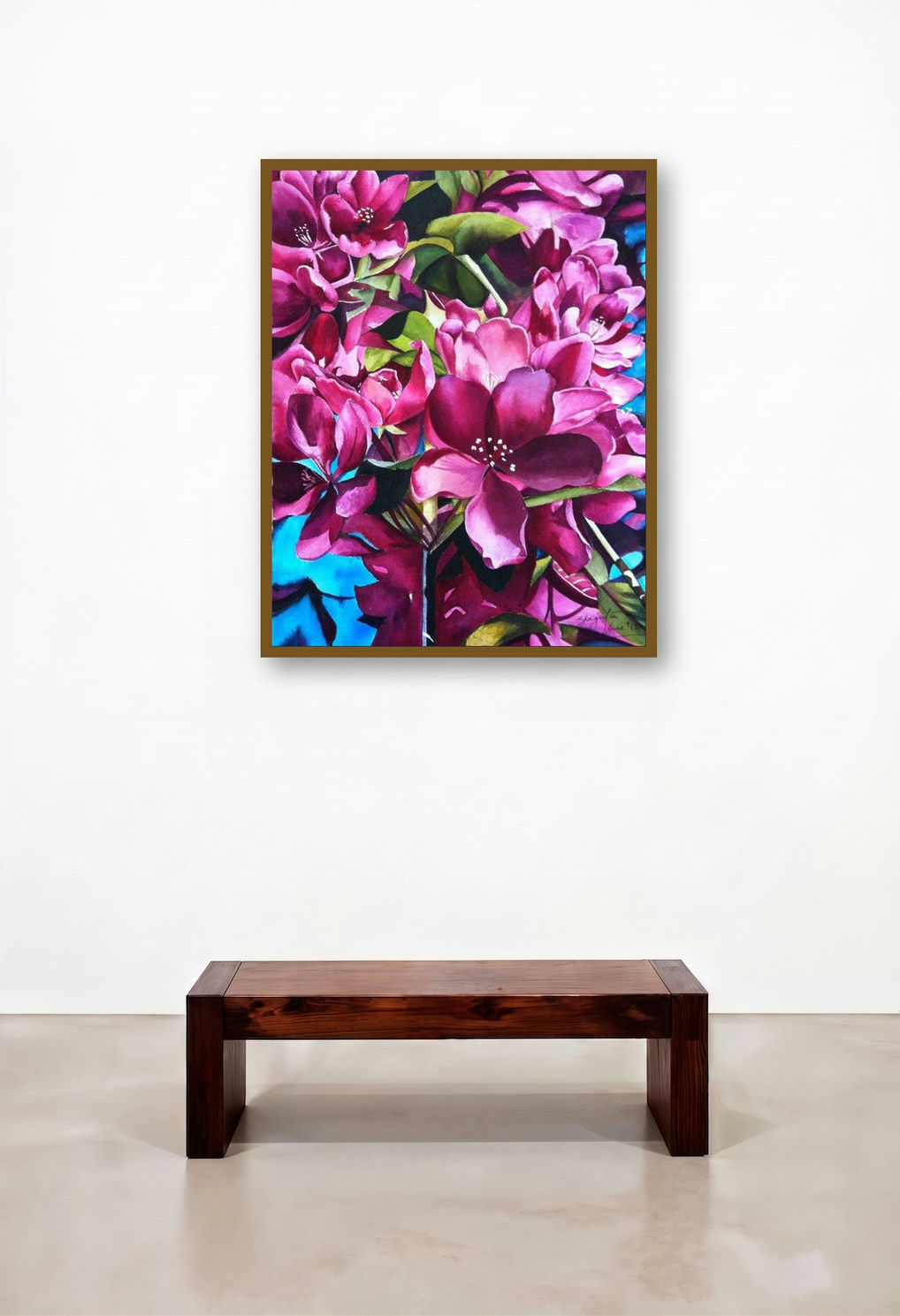 Clad In Pink (Pink Floral Watercolor) by artist Shagufta Mehdi displayed in a Industrial Reception Area