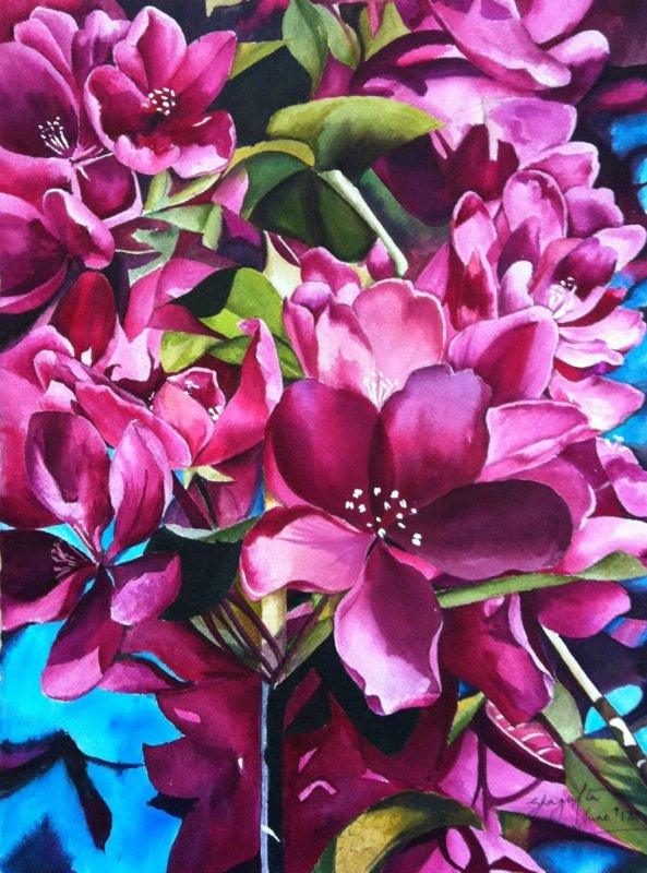 Nature watercolor painting titled 'Clad In Pink', 15x11 inches, by artist Shagufta Mehdi on Paper