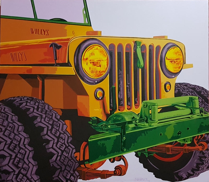 'Classic Car Willys Jeep' transportation acrylic painting by artist Sonaly Gandhi, 48x42 inch, on canvas