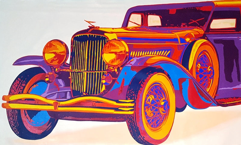 'Classic Cars Duesenberg' transportation acrylic painting by artist Sonaly Gandhi, 36x60 inch, on canvas