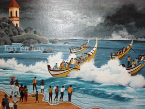 Seascape acrylic painting titled 'Cloudy Beach', 36x24 inches, by artist Narayanankutty Kasthuril on Canvas Board