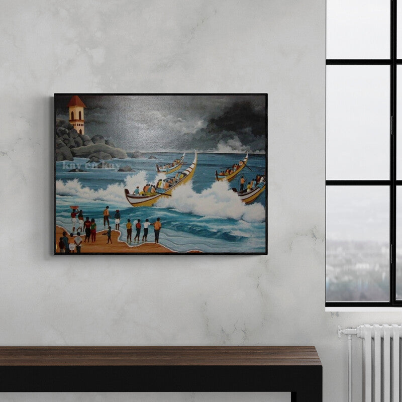 In-situ view of Narayanankutty Kasthuril's 'Cloudy Beach' painting in a room