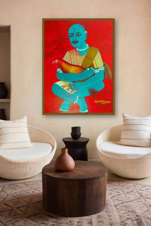 Cock Fighter (The Roosters Companion) by artist V V Swamy displayed in a Luxury gallery