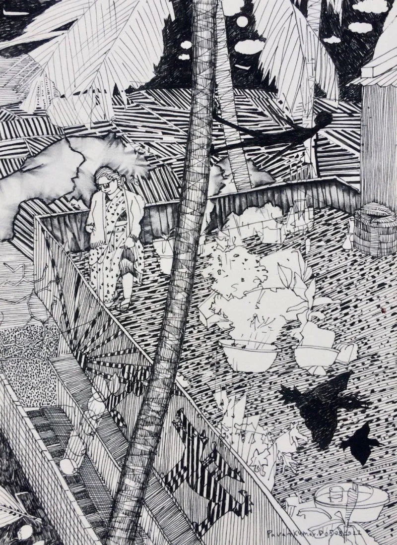 contemporary pen-ink drawing titled 'Coconut Fell Down', 11x9 inch, by artist Pavan Kumar D on Paper