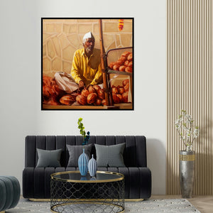 Vinayak Takalkar's 'Coconut Seller' painting visualized above a sofa in a contemporary room.