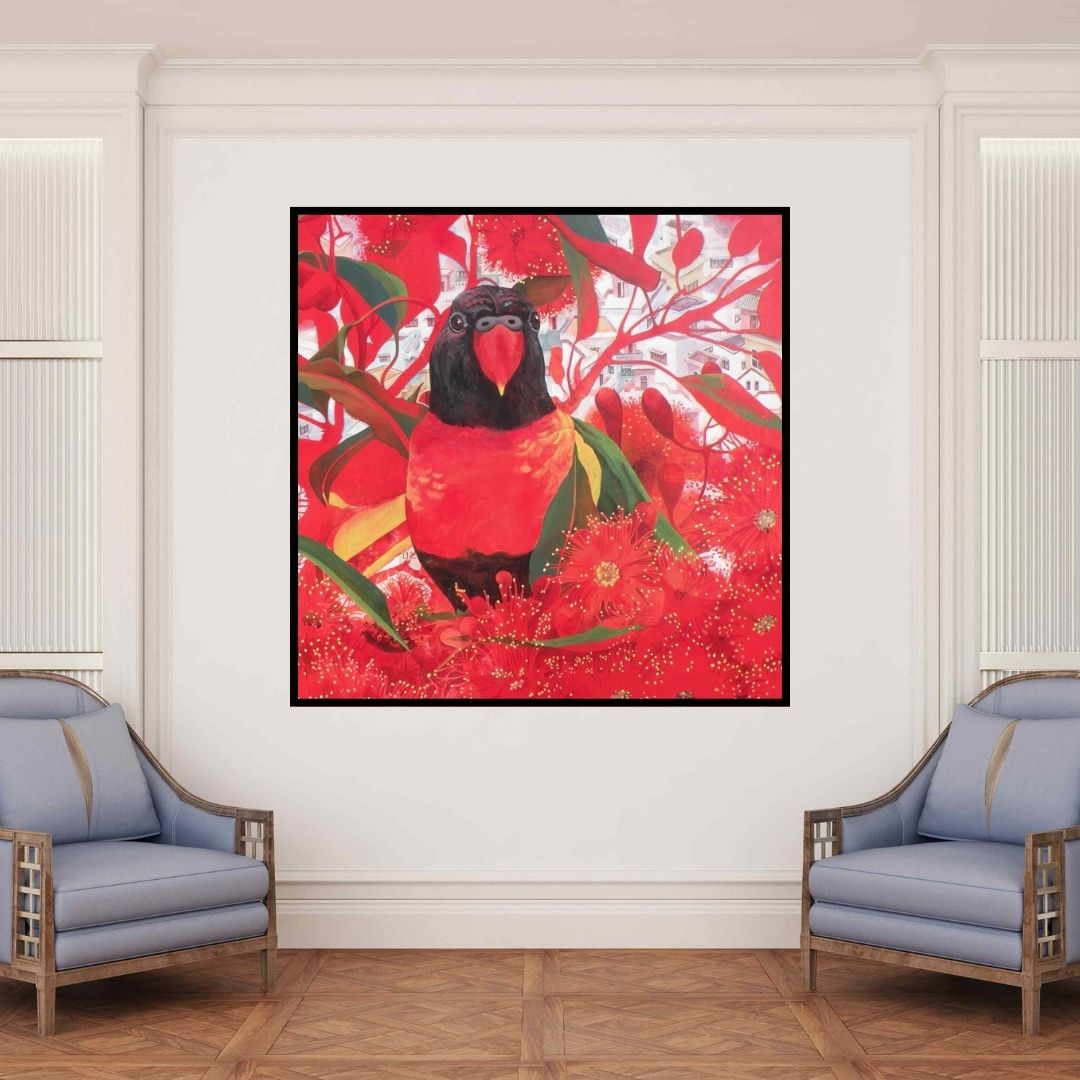 In-situ view of Sweta Chandra's 'Coexistence 7 (Crimson Canopy)' painting in a room