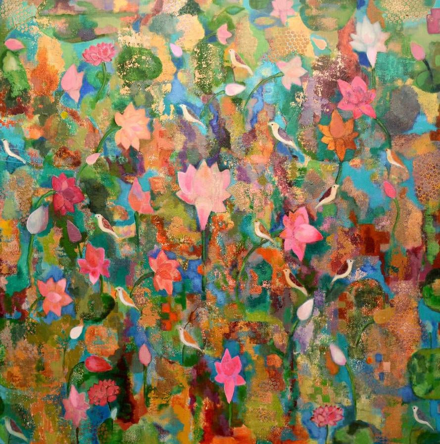 Coffee With My Birds' nature acrylic painting by artist Sunayana Malhotra, 48x48 inch, on canvas