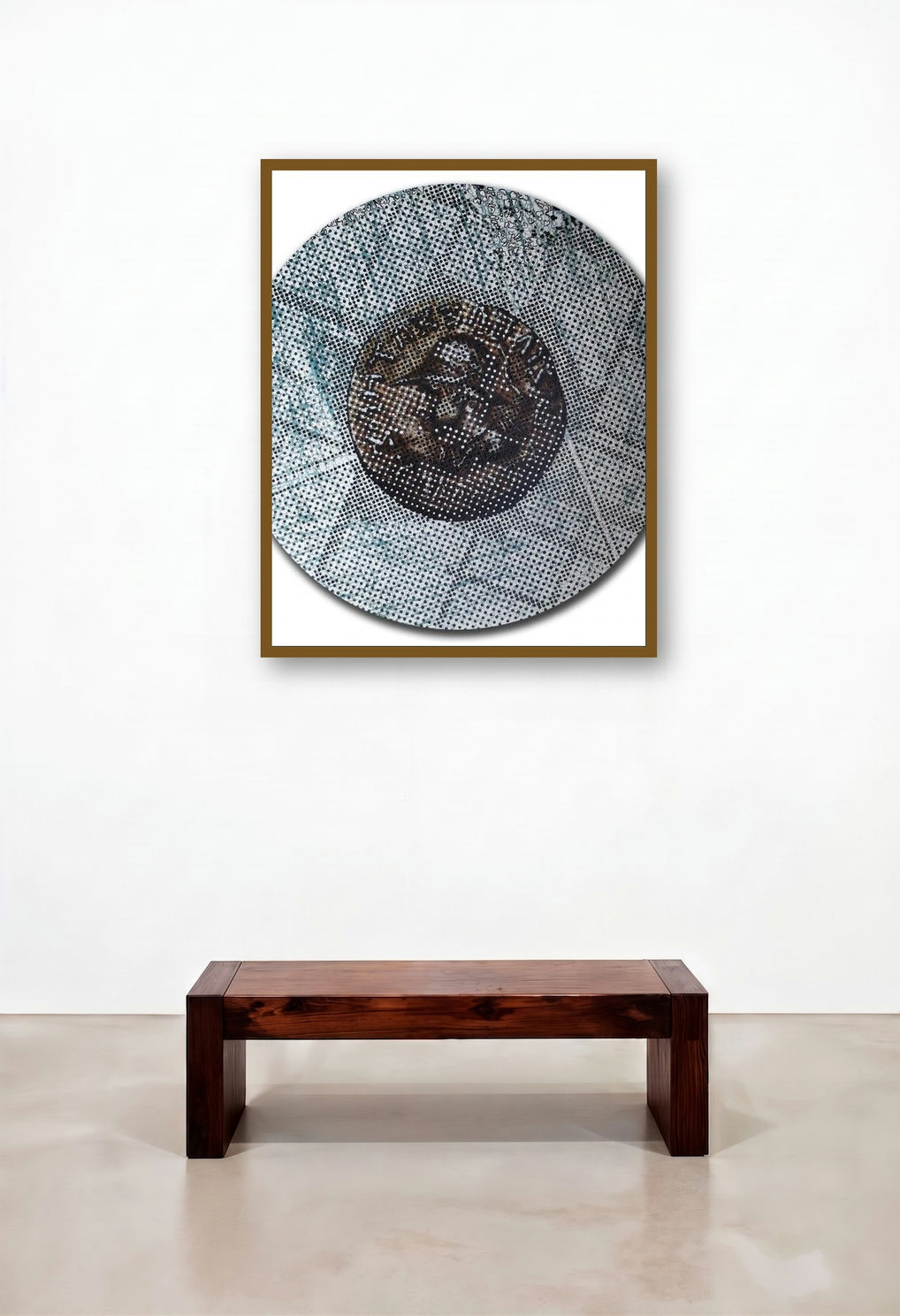 Coin The Dice (Coin and Grid) by artist T Raju Gopalarao displayed in a Rustic Hallway