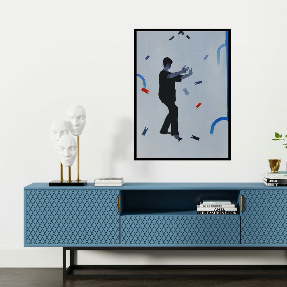 'Collecting Dreams (Dream Weaver: A Figurative Composition)' painting by Manish Sutar shown on a wall in a furnished room.