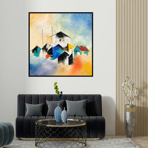 Sanjay Dhawale's 'Colony (Village Dreams)' painting visualized above a sofa in a contemporary room.