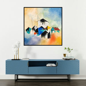 'Colony (Village Dreams)' painting by Sanjay Dhawale shown on a wall in a furnished room.