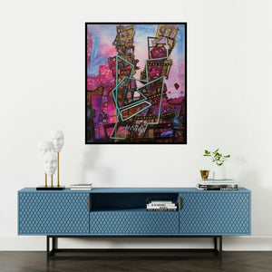 Chandra Bhushan Srivastava's 'Colorful Life' painting visualized above a sofa in a contemporary room.