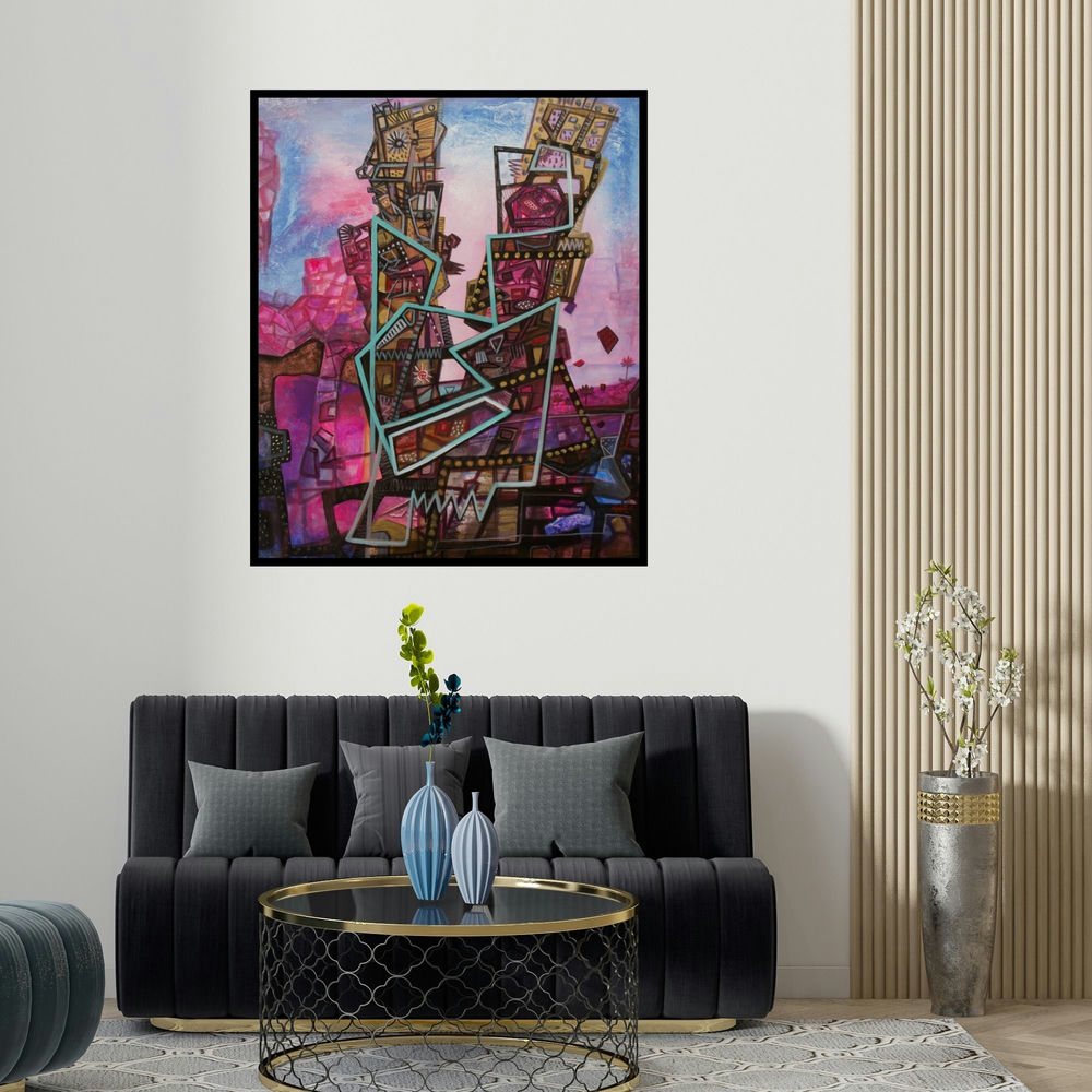 'Colorful Life' painting by Chandra Bhushan Srivastava shown on a wall in a furnished room.